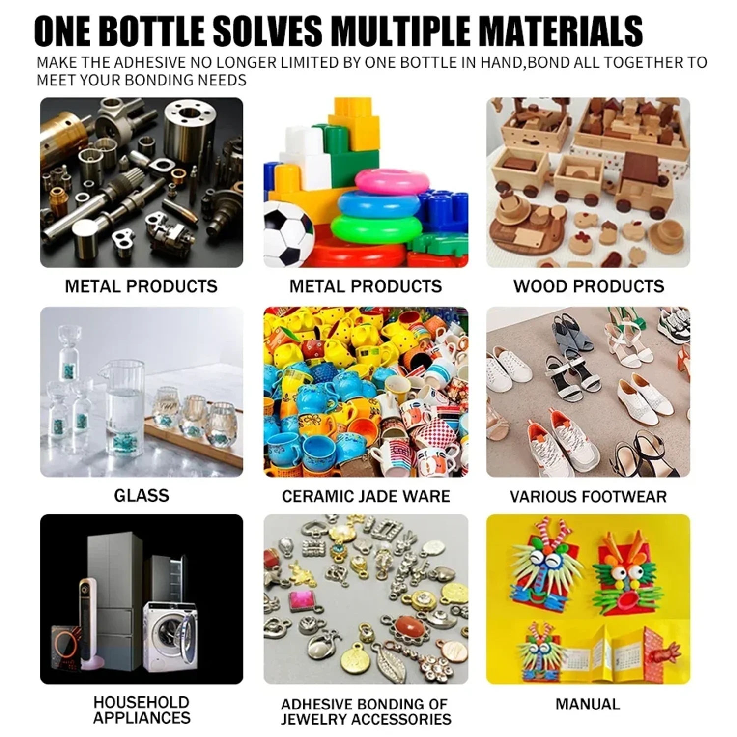 LOOLIFL-502 super glue, a multi-functional, strong, fast-drying adhesive suitable for various materials such as footwear, ceramics, plastics, wood, and metal. It is transparent and waterproof, used as welding glue, craft glue, rhinestone glue, woodworking glue, shoe glue, metal glue, leather glue, PVC glue, ceramic glue, and is ideal for art sewing supplies and handmade tools. Comes with a dropper for precise dispensing view 6