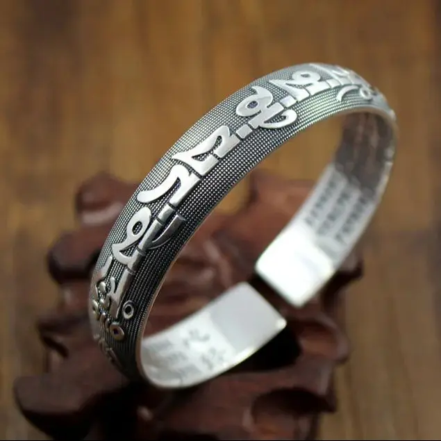 silver vintage bracelet Bangles Tibetan Buddhism Six Word Mantra Bracelets For Women Open Bangle Lady Jewelry Gifts