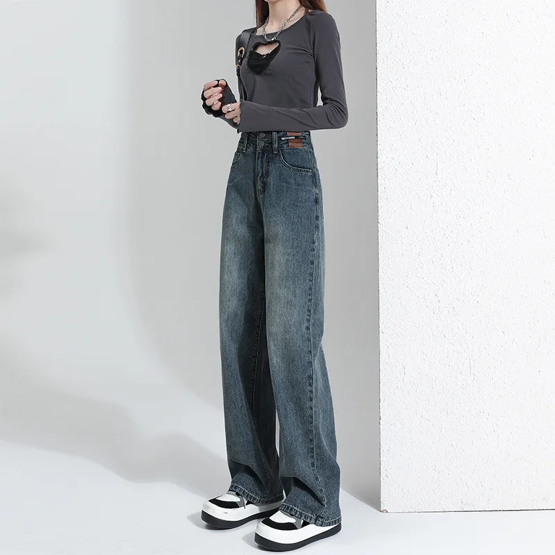 Pantalon à jambes larges taille haute pour femme, poches boutonnées, patchwork, mince, mode décontractée, élégant commpiedmont, automne et hiver 2023