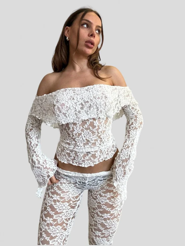 Sexy Lace See-tough Hollow out Trousers And Top Set Women's Faionable Long Sve Clothing Breathable Comfortable Elastic