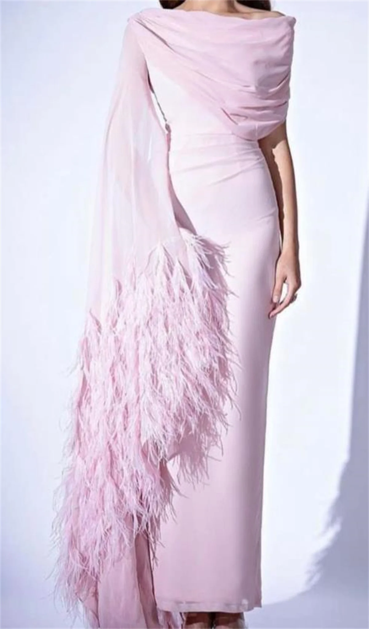 Evening Special Occasion Dress Round Neck Tulle Satin Pink Feathers Noble And Elegant Customization 2024 New Custom Make 웨딩 드레스