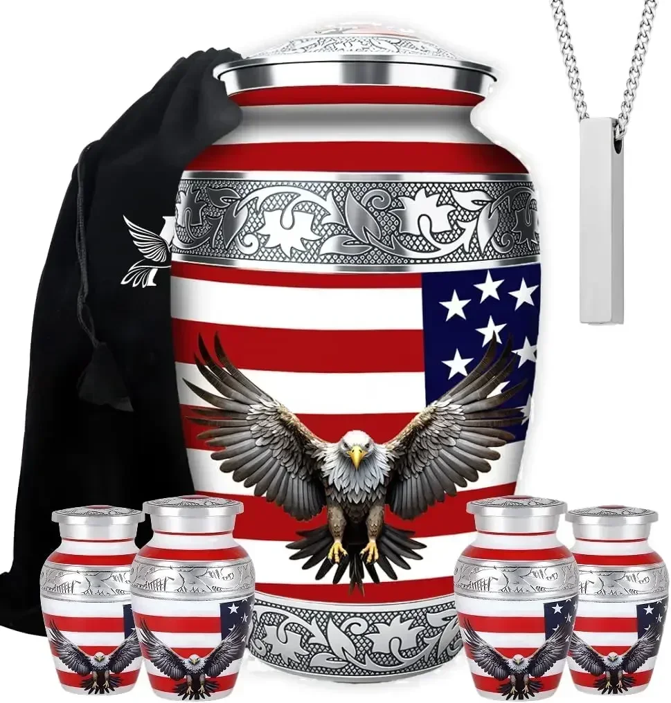 Set of 6 American Flag Decorative Cremation Urns for Ashes Adult Male & Female Includes 1 Large Urn with 4 Small Keepsakes & 1 N