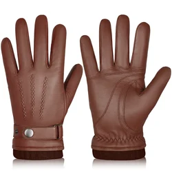 BISON DENIM-guantes de piel de oveja para hombre, manoplas cálidas con forro de Cachemira para pantalla táctil, conducción, ciclismo, correr y esquí, Invierno