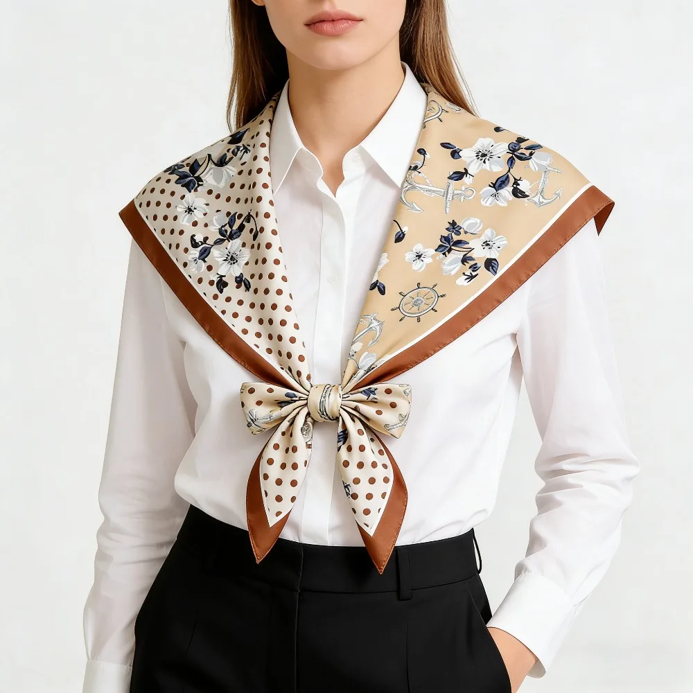 Japanese and Korean polka dot color blocking sweet silk scarf summer new multi-functional decoration small square scarf