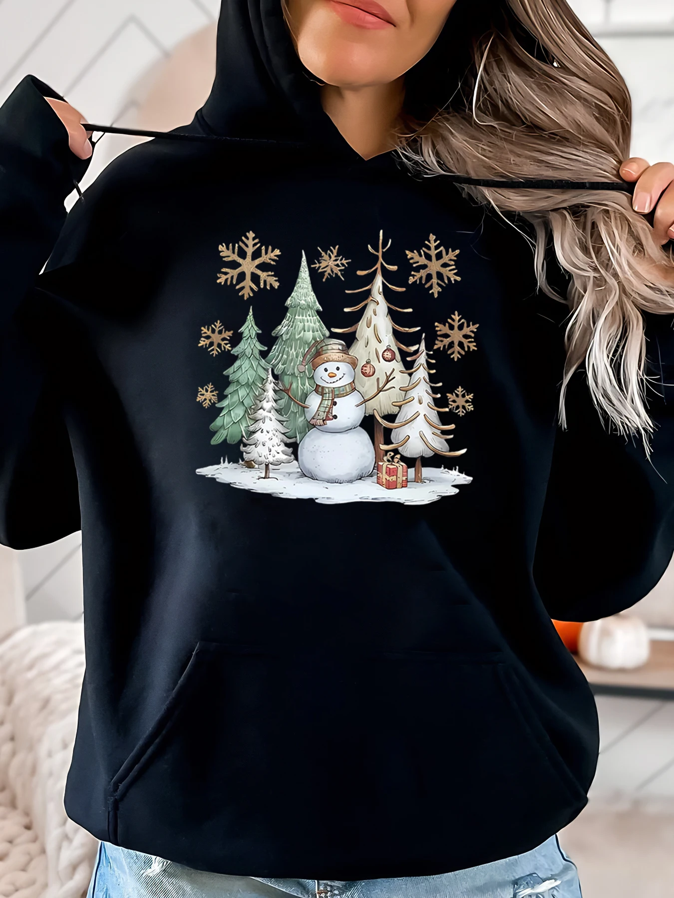 

Snowman Christmas Tree Snowflake Print Christmas Hoodie Women Winter Casual Outfit Black Plus-Size