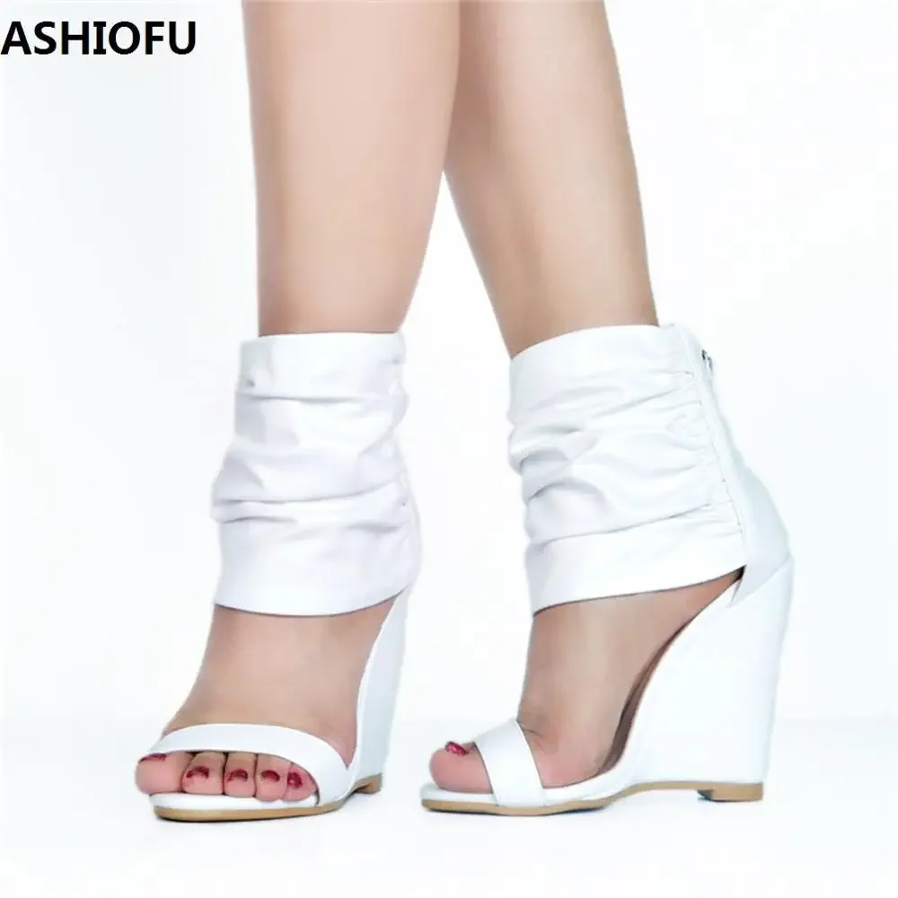 ASHIOFU New Hot Handmade Womens Wadge Heel Sandals Ankle Wrap Wedding Party Prom Shoes Large Size Fashion Evening Sandals Shoes