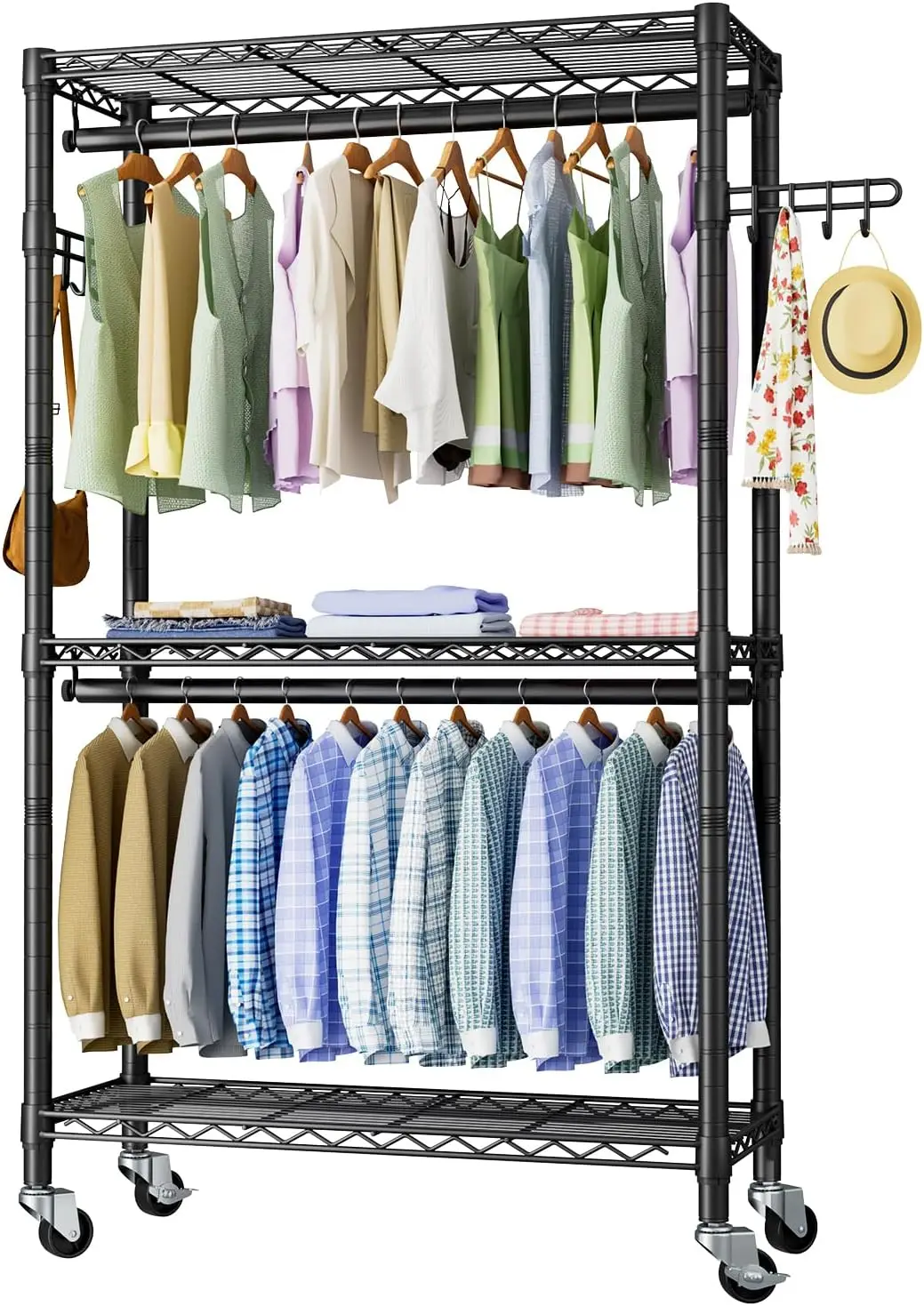 

3-Tier Adjustable Rolling Garment Rack with Double Rods and Side Hooks, Heavy-Duty Metal Storage for Clothes