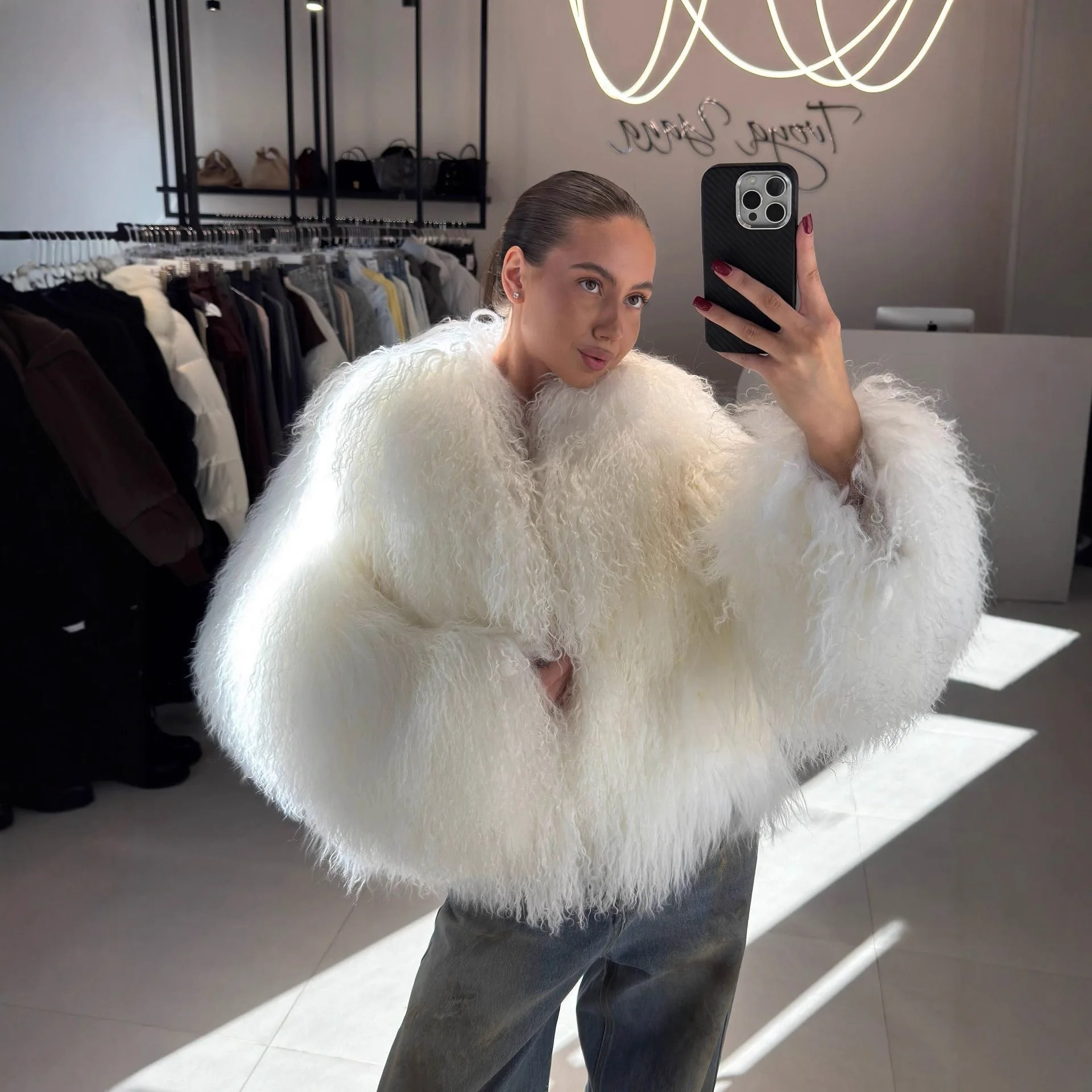 KIDWHXR Winter Women Fux Fur Jacket Fashion Thicken Warm Long Hair Female Artificial Fur Jacket Round Neck Lady Lamb Fur Jacket