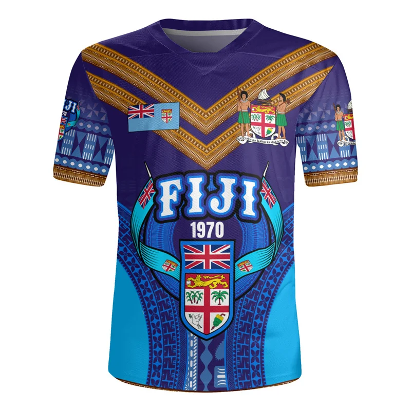 3D The Republic-of Fiji Flag Printing V Neck T Shirt Fiji Rugby-Jersey Emblem Graphic V neck T Shirts For Men Fashion Tee Shirts
