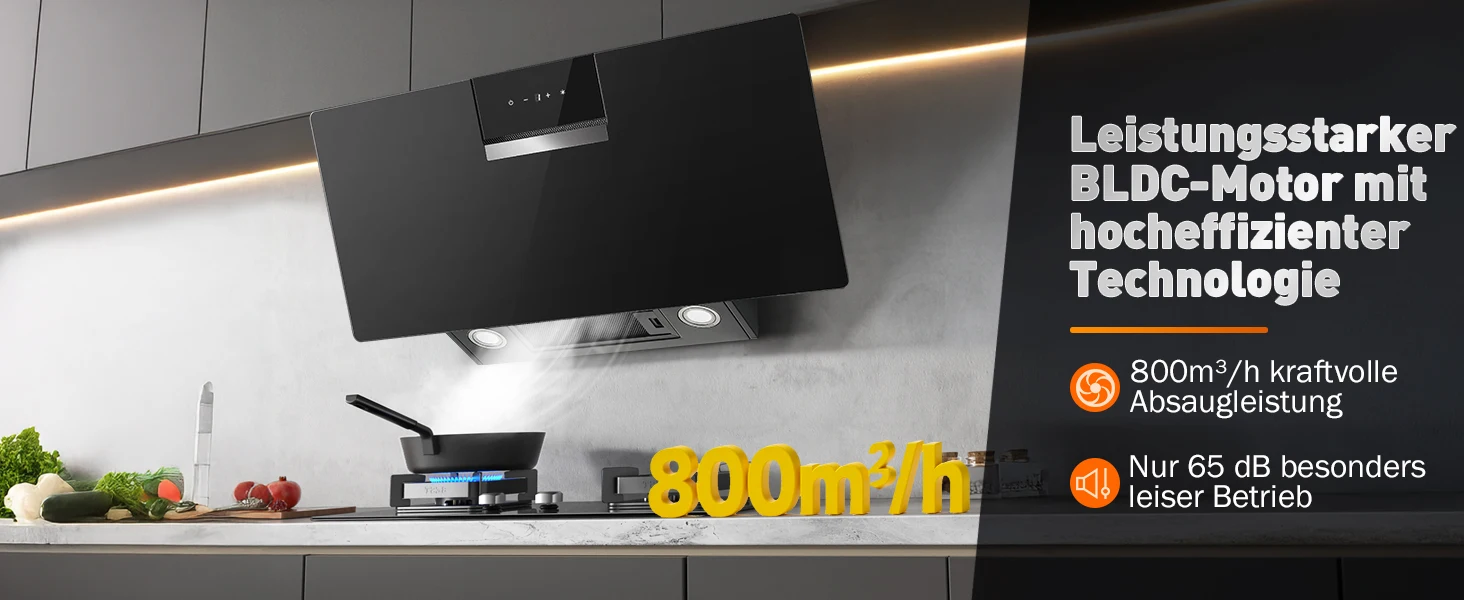 90 cm wandmontierte Dunstabzugshaube 800 m3/h A+++ LED-Touch-Steuerung, schwarzes Glas – Umlauf-/Abluftoption – Detail 1