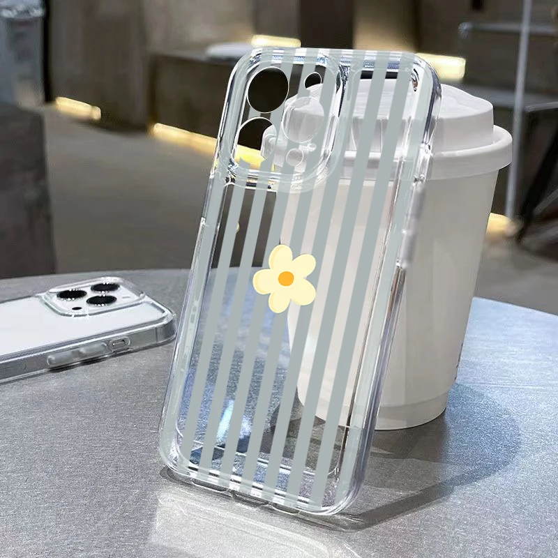 Cute Yellow Flower Gray Stripe Clear Case For Samsung Galaxy S26+ S22 S24 S25 S21 S23 Ultra S24 S23 FE A56 A15 A55 A36 TPU Cover