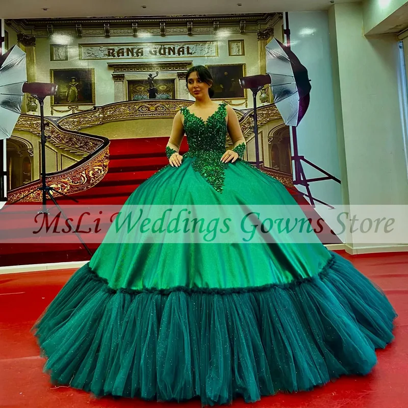 

Luxury Dark Green Quinceanera Dress Ball Gowns Long Sleeve Beads Crystal vestidos de fiesta 15 Birthday Party Prom Dresses