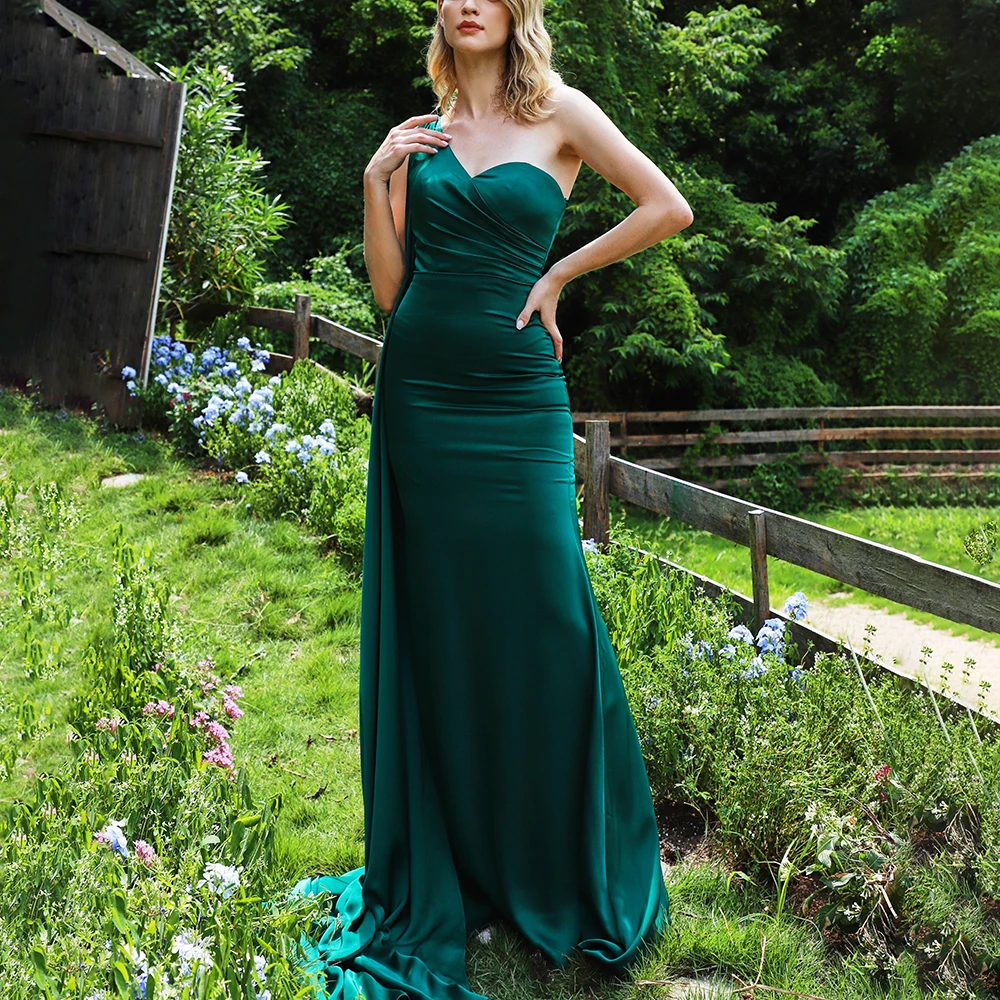 Green Blue Sexy One Shoulder Mermaid Wedding Bridesmaid Long Satin Formal Evening Party Prom Dress Gowns For Women With Tail