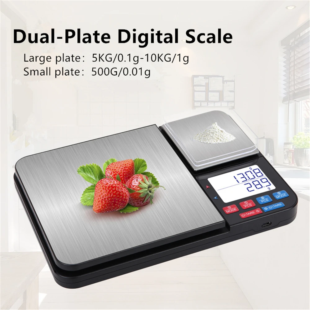 

Dual-Plate Digital Kitchen Scale 10KG/5KG Large Plate & 500G Small Plate 0.1g/0.01g High Precision Multi-Unit for Cooking Baking