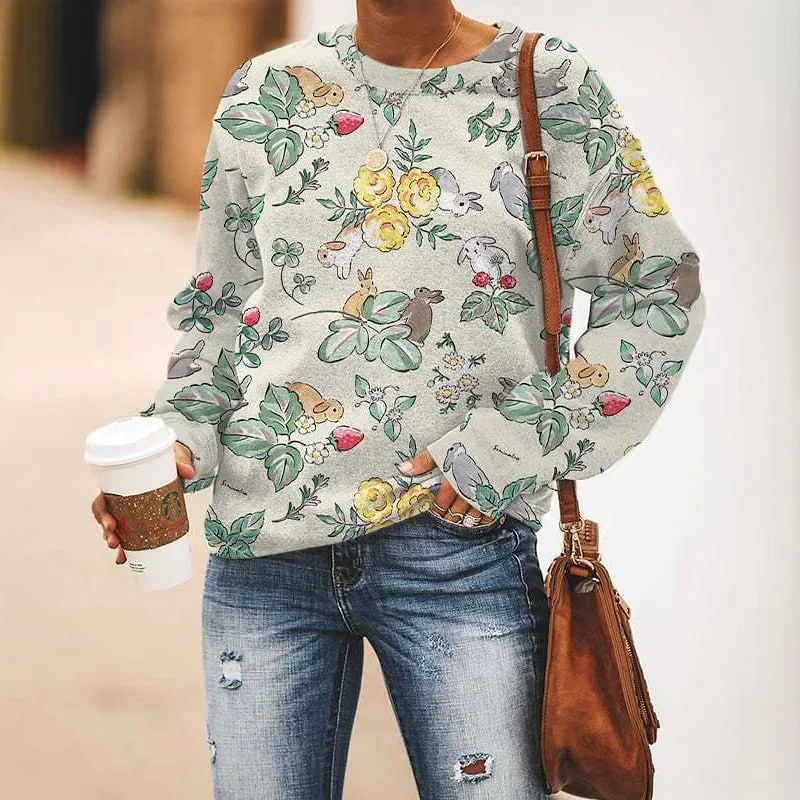 Spring and summer tie dye Easter bunny themed printed loose long sleeved T-shirt