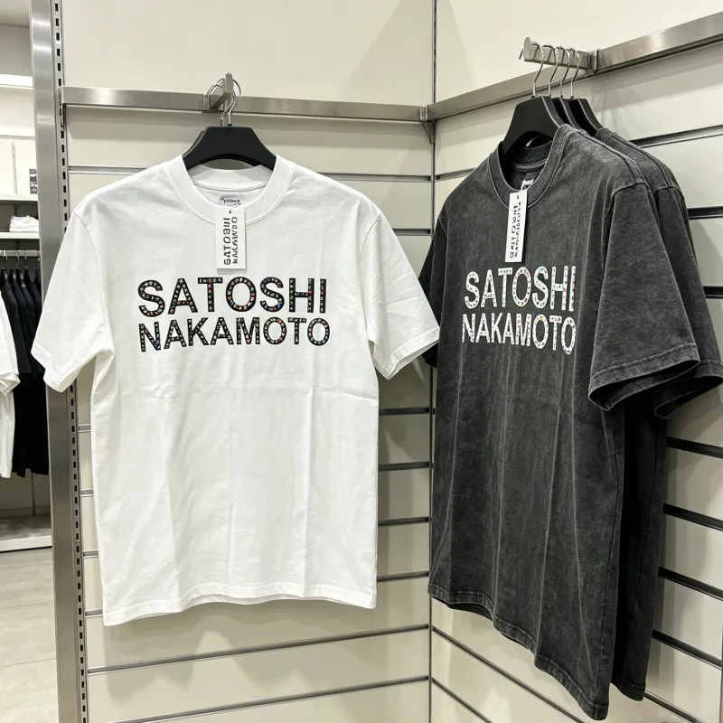 

Colorful Rhinestone Letter Logo Washed Black Round Neck Short Sleeve ATOSHI Tshirts Breathable Cotton Tops Men Women Streetwear