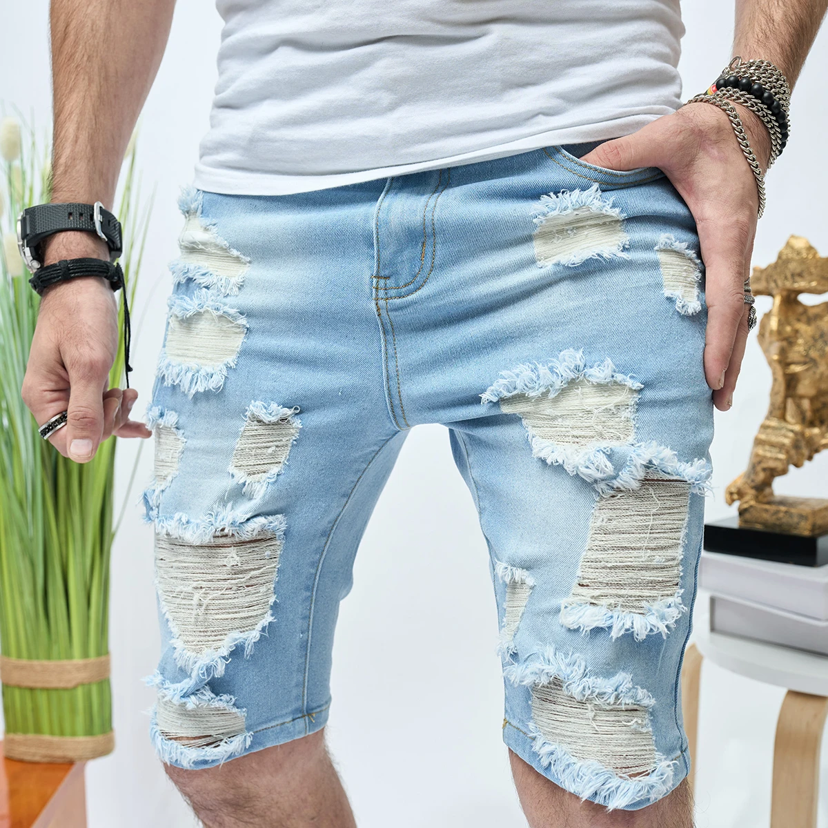 Summer Ripped Shorts Jeans Men\'s Hip-Hop Denim Pants Stretch Light Blue Fashion Slim Straight Male Denim Shorts