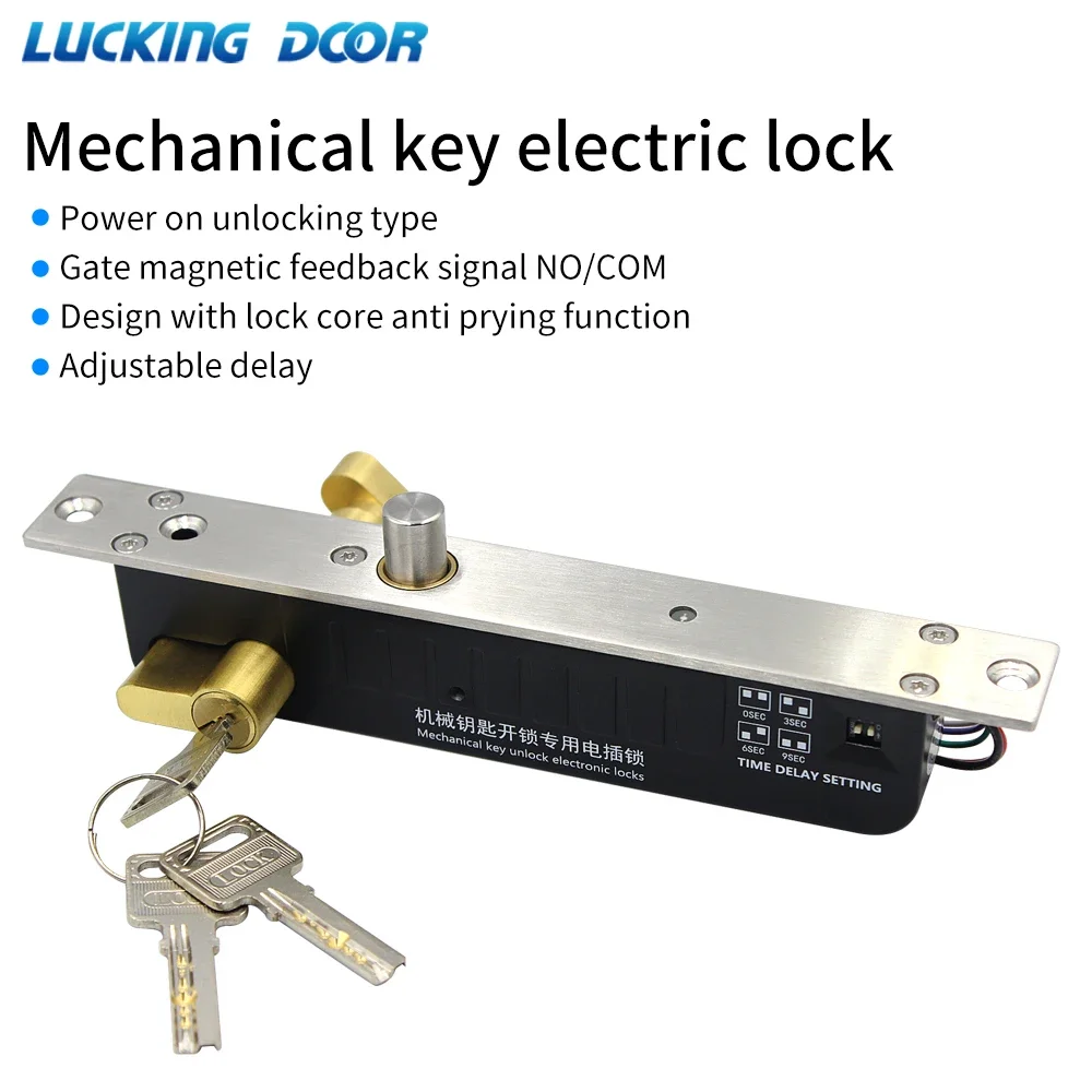 

12V/24V DC Electric Lock Magnetic Deadbolt Time Delay Fail Secure Mortise Drop Bolt Lock Electronic Door Lock with Key Cylinder