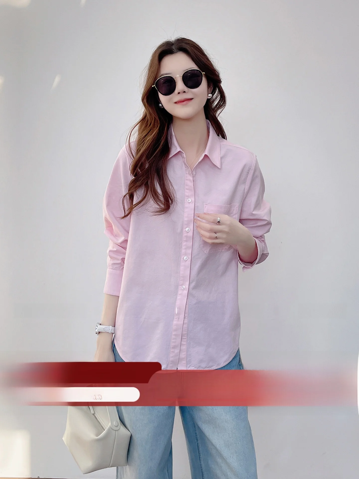 

Pink Pure Cotton Casual Long Sleeve Shirt Women's Early Spring New Style Layering Versatile Loose Fit Shirt by Han Shang Lian...