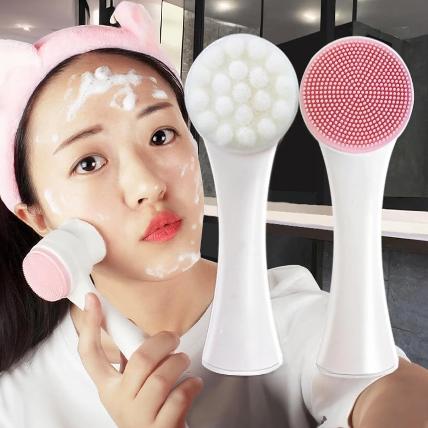 Cepillo de Limpieza Facial de Silicona de Doble Cara, Cepillo de Pelo Suave con Soporte, con Exfoliantes, Limpiador de Poros para Lavado Facial