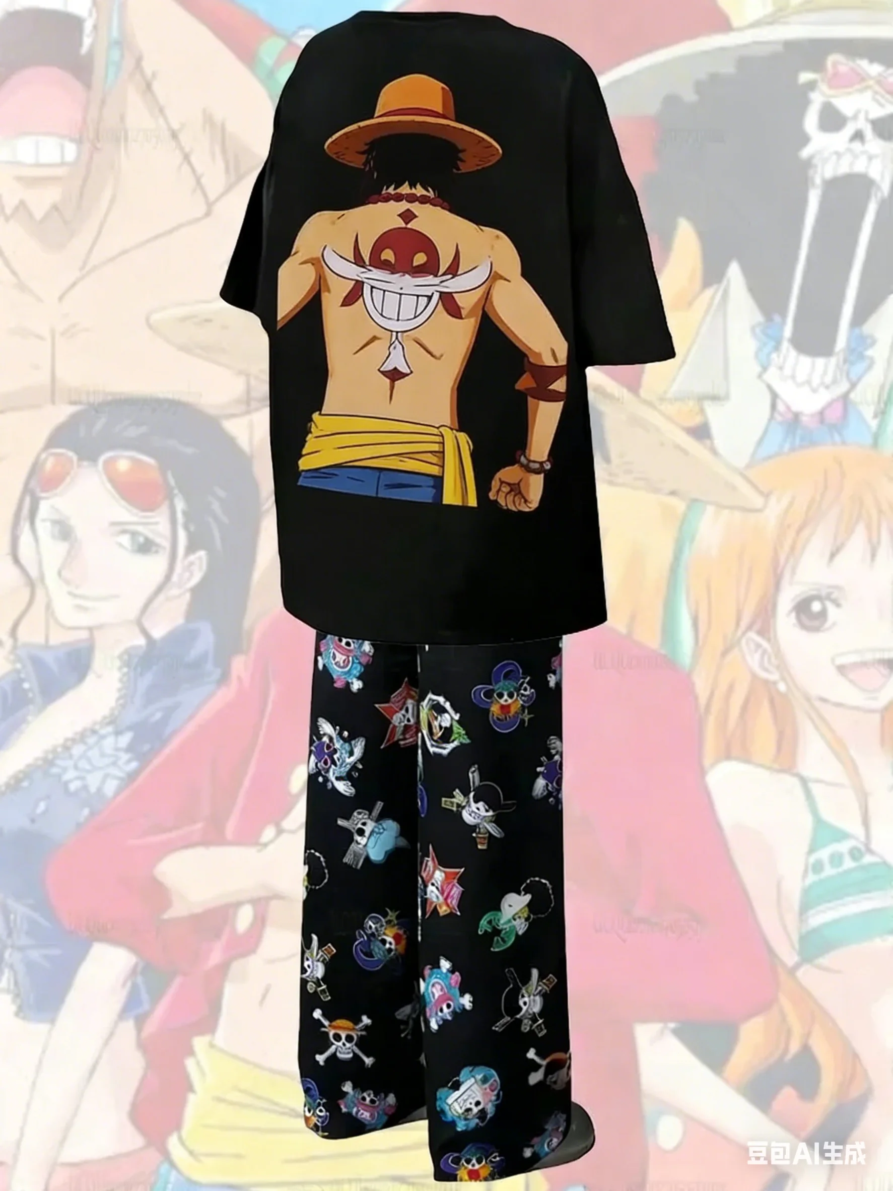 

2026 One Piece Portgas D. Ace Back Print Pajama Set Oversized T-shirt & Pants Unisex Anime Sleepwear Soft Breathable Loungewear