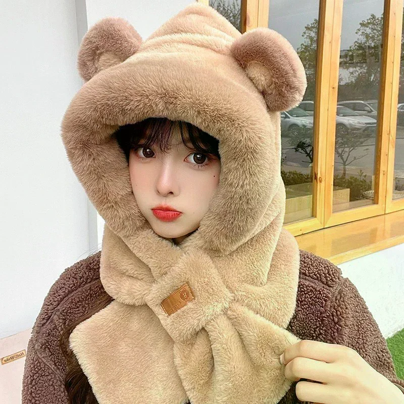 

Плюшевая шапка с заячьими ушками и шарф для женщин, зимний стиль, милая толстая теплая шапка Lei Feng с защитой ушей