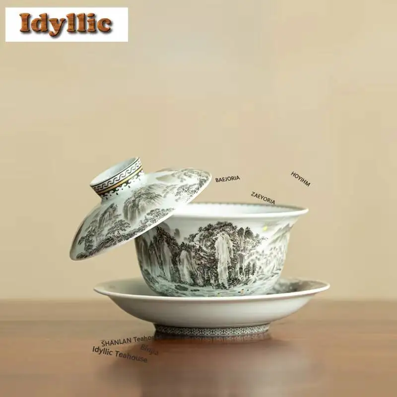 175ml Ink Rhyme Landscape Gaiwan Zen Anti-scald Tea Tureen Tea Bowl With Lid Kit Tea Making Cover Bowl Kung Fu Tea Set Ornaments