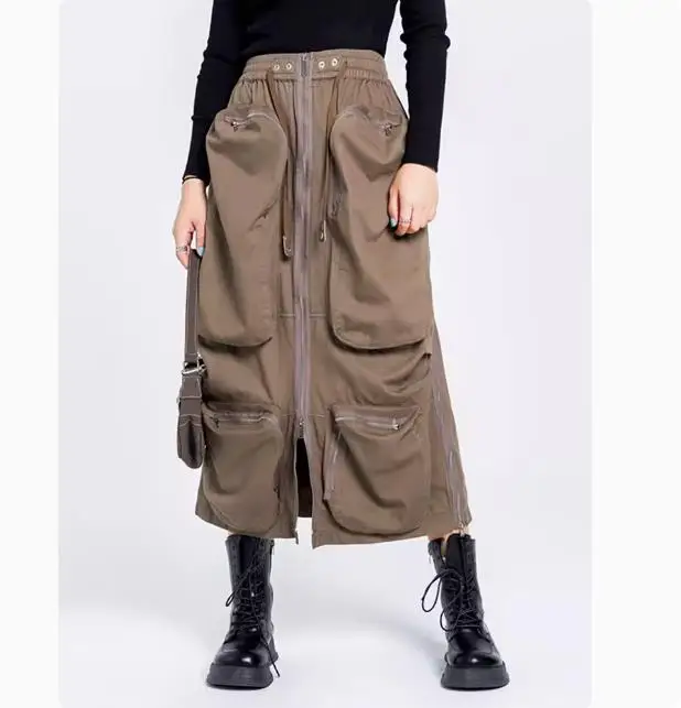 Elastic Waistband Zipper Up Pocket Cargo Midi Long Skirt Techwear harajuku fairycore 2000s y2k grunge goth aesthetic punk hiphop