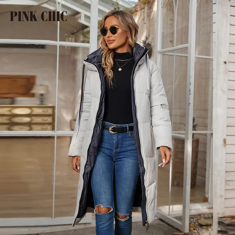 Rosa CHIC-Parka comprida com capuz com cadarço para mulheres, casaco quente, moda clássica, casual feminina, inverno, 2023, W8236