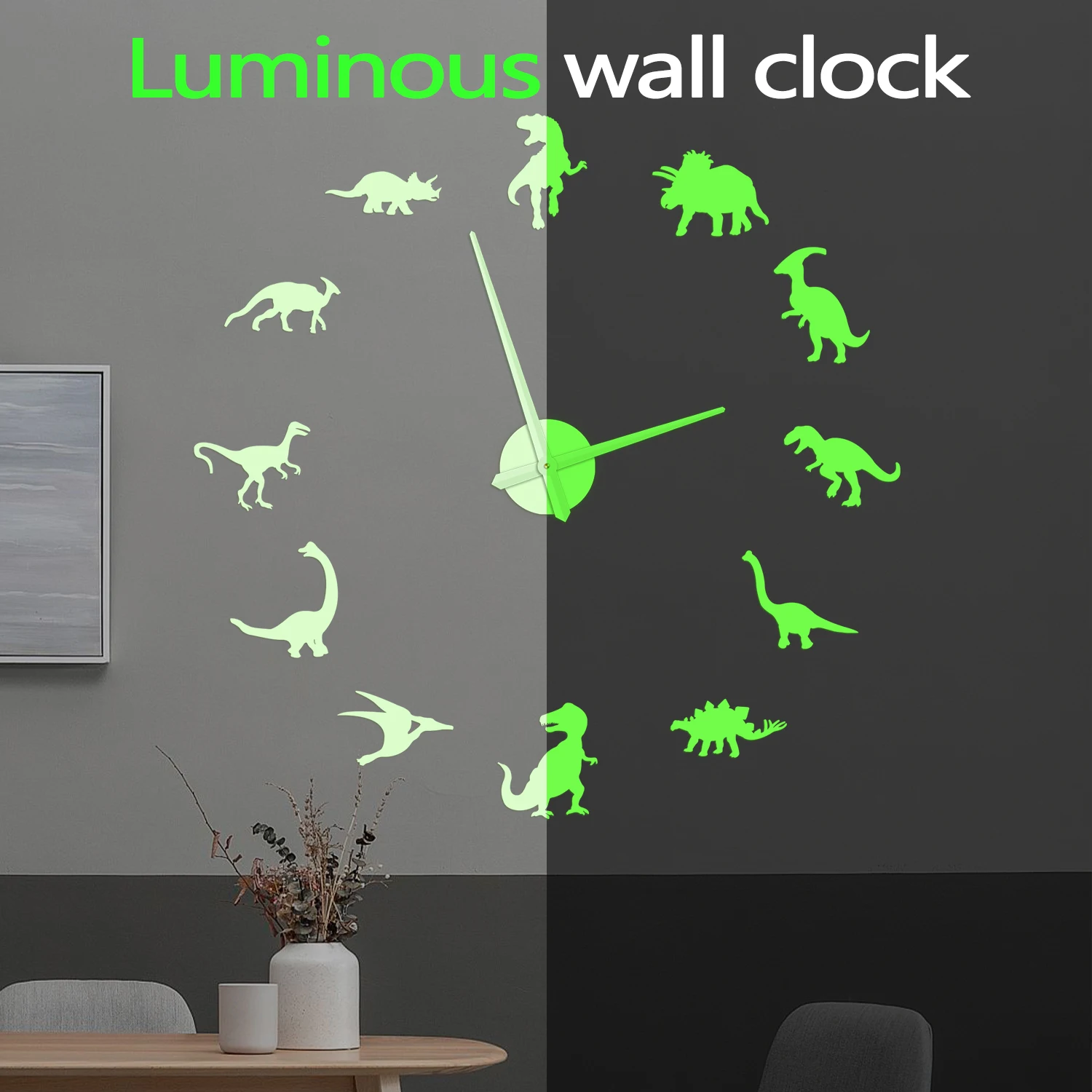 Dinosaur Silhouette DIY Wall Clock Glow in Dark Prehistoric Animal Home Decor Luminous Wall Clock For Kids Room Nursery Playroom