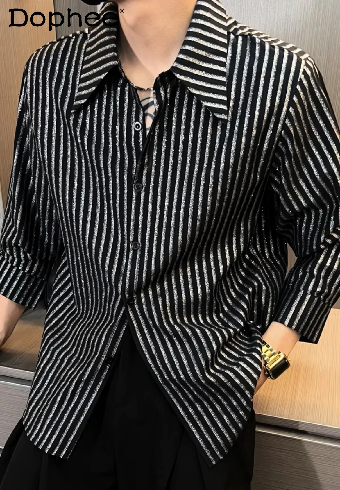 

2025 Autumn New High-end Heavy-duty Gold-stamped Striped Long-sleeve Shirt Spring Loose Casual Versatile Stylish Men's Shirt