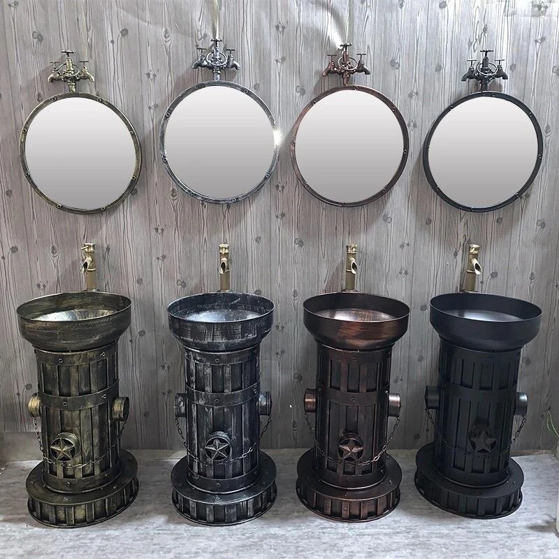 

Wrought iron retro creative column basin, round bathroom floor basin