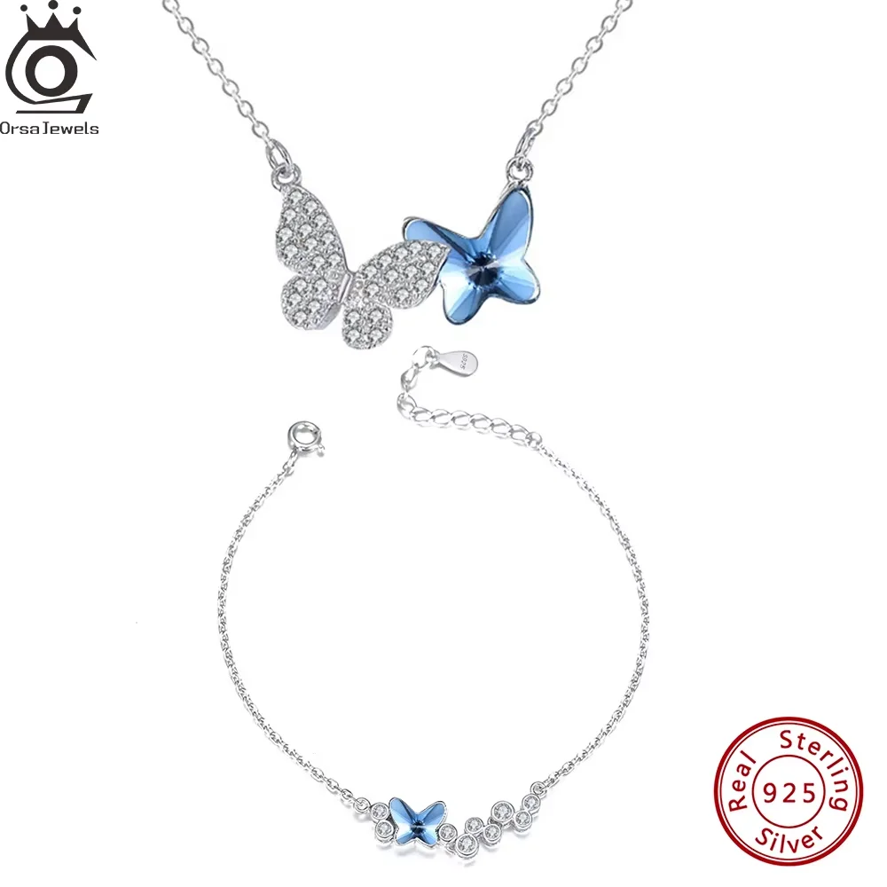 

ORSA JEWELS Blue Crystal Butterfly Pendant Necklace Bracelet 100% 925 Silver CZ Zirconia Insect Series Jewelry Set Rhodium SWB02