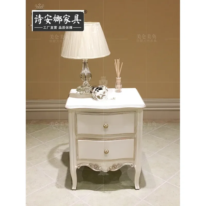 for French Italian Neoclassical Ivory White Bedside Table with Silver Foil Engraved Cabinet Whole House Furniture