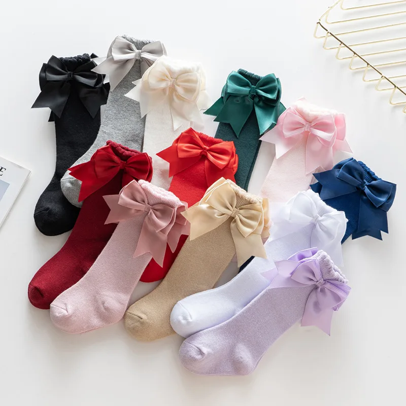 Baby Girls Bow Knee High Socks Cute Kids Girl Student Princess Sock Children Solid Color Cotton Socks Infant Newborn Clothing