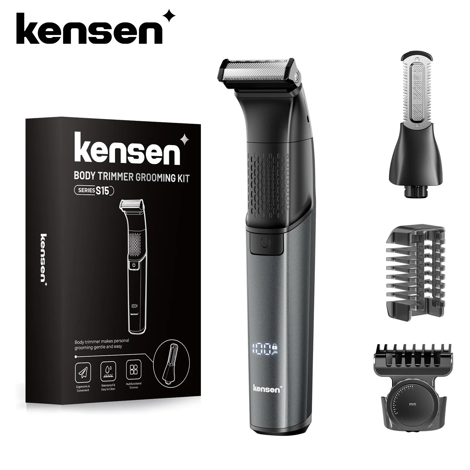 Regolabarba Kensen S15 con lama a doppia faccia, rasoio impermeabile IPX6, regolabarba ricaricabile 2 in 1, rasoio elettrico per il corpo da uomo