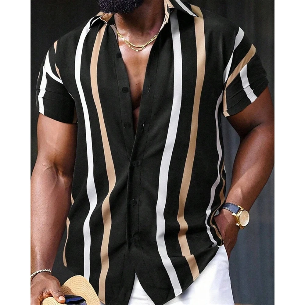 

Vintage Stripe Graphic 3D Print Shirts Mens High Fashion Clothing Casual Retro Shirt Men Streetwear Hawaiian Beach Blouse Tops