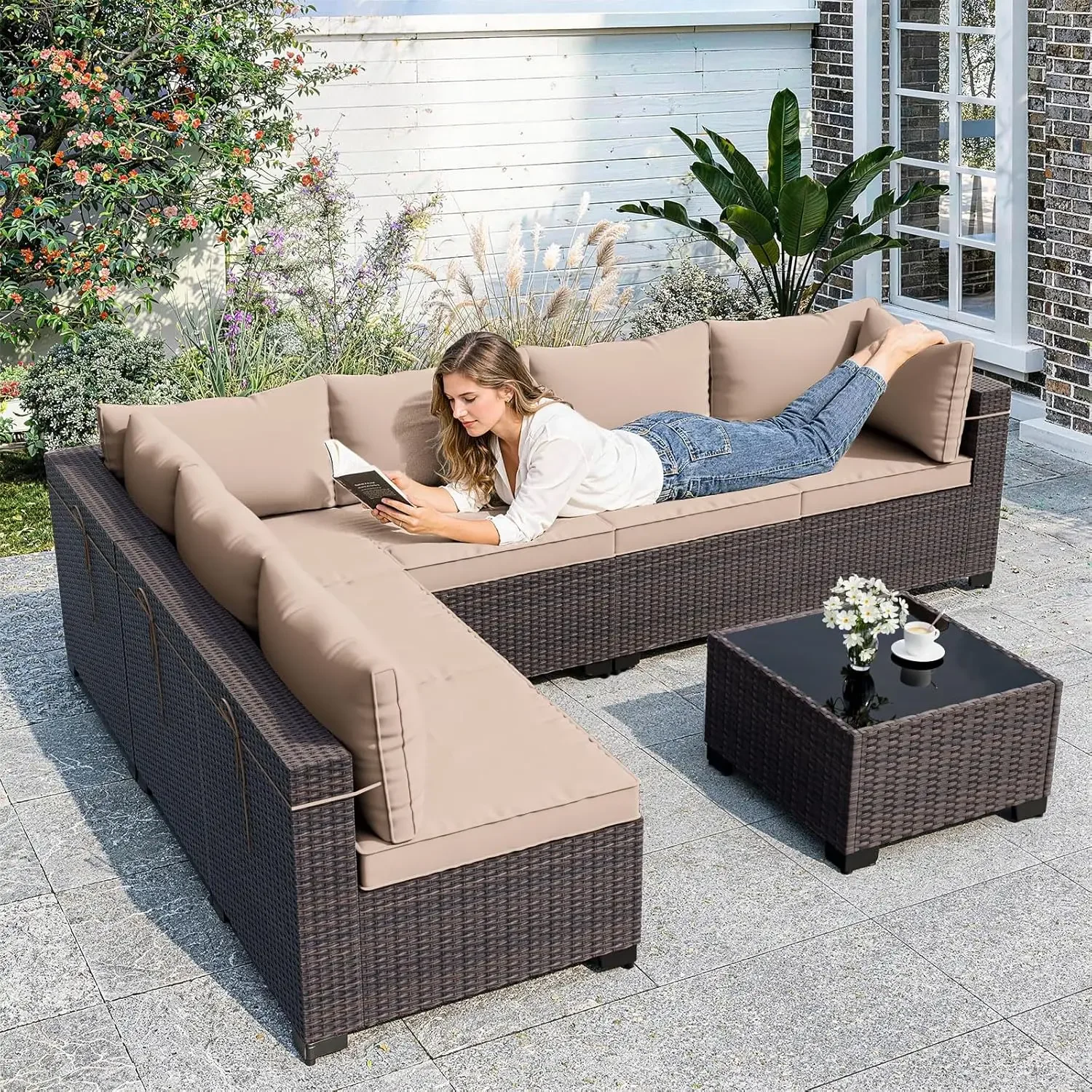 Patio Furniture Set with Coffee Table, 7 Pieces Outdoor Sectional with Wide Seat and Thick Cushion, All Weather Wicker Rattan Co