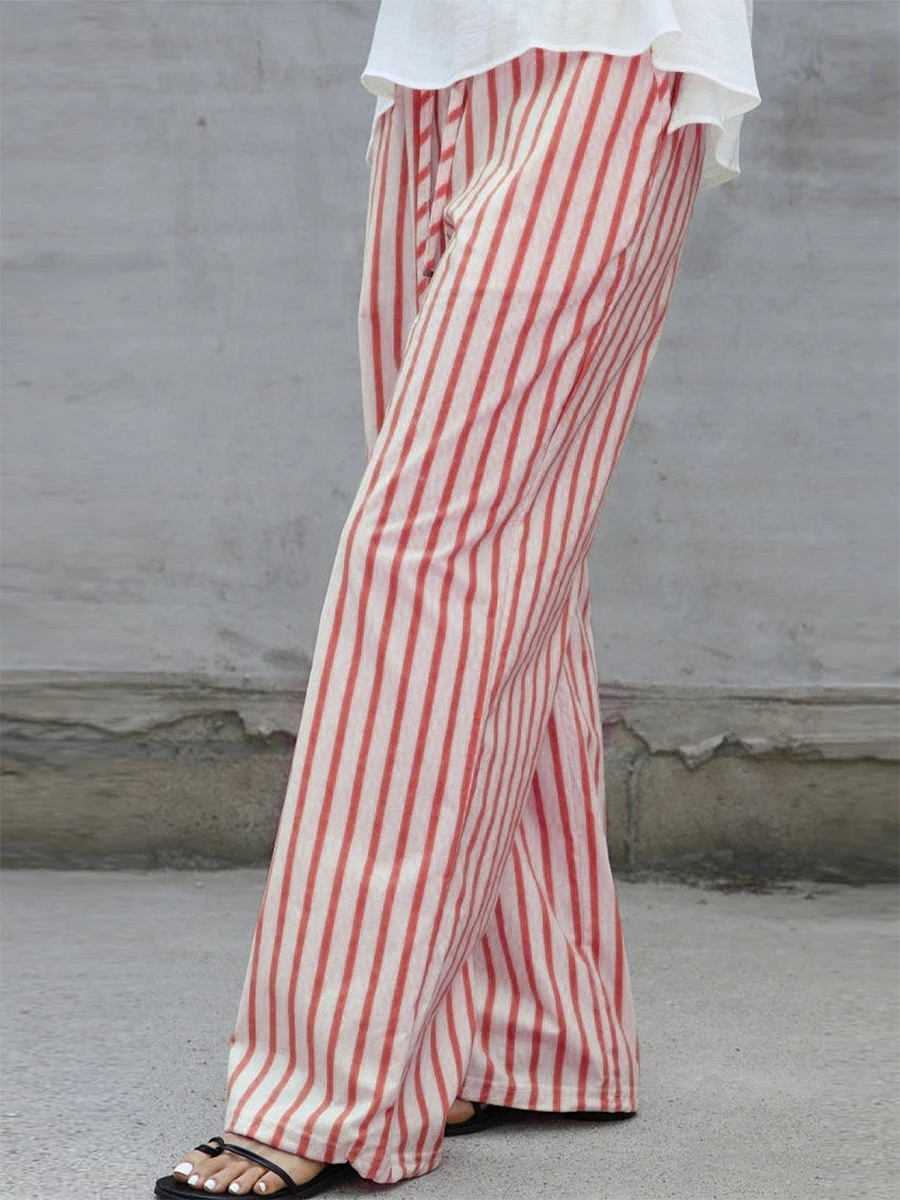 Women'S Tricolor Striped Long Pants With Elastic Waistband Drawstring Wide Leg Loose Casual Drawstring Casual Home Pants