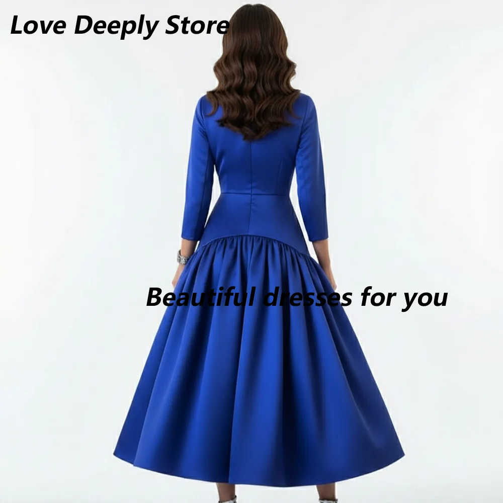 Blue Suit Evening Dress Customized V-Neck Long Sleeves Satin A Line Evening Gowns Tea Length Ball Dress Formal Party Dresses