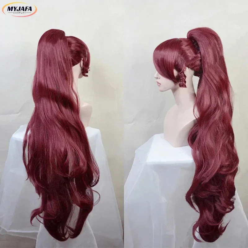 2025 الأميرة ميجارا تأثيري ميج مشبك طويل ذيل حصان النبيذ الداكن الأحمر مقاومة للحرارة الاصطناعية الشعر أنيمي الباروكات + غطاء شعر مستعار