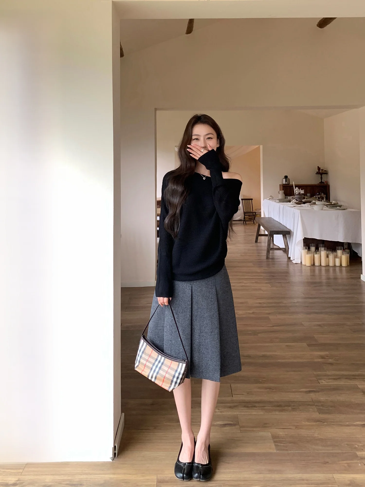 Pusumede Lost Rill Vintage College Style Woolen A-Line  Skirt Women's Design Pressed Pleats High Waist Skirt