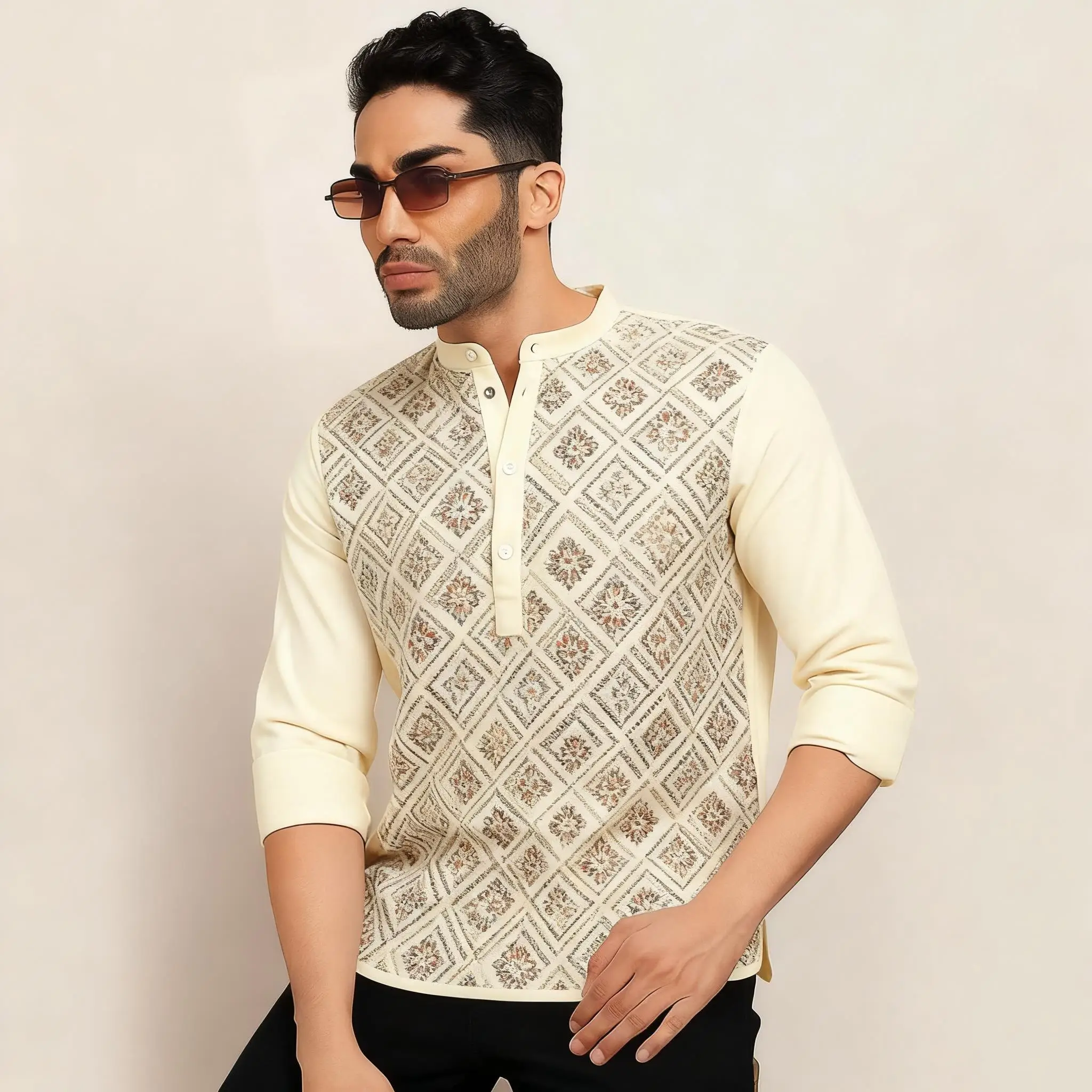 2026 رداء رجالي مسلم بأكمام طويلة قميص نمط عرقي الوقوف طوق الملابس العربية للرجال النمط الوطني الإسلامي غير الرسمي #3