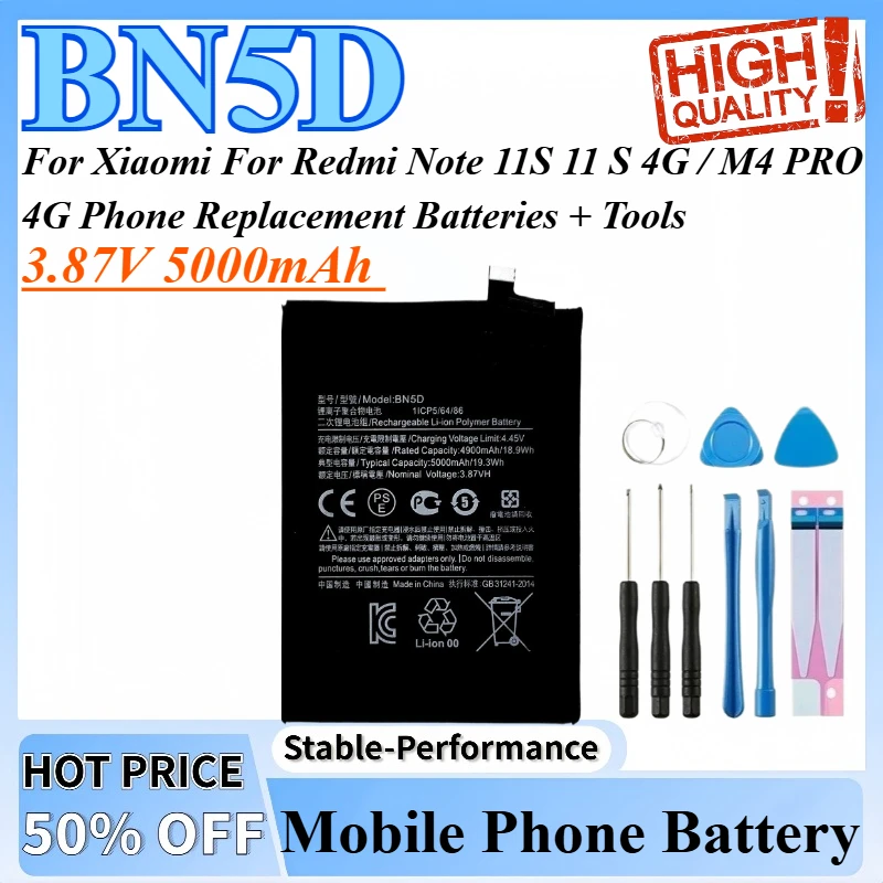 

3.87V 5000mAh BN5D Mobile Phone Battery For Xiaomi For Redmi Note 11S 11 S 4G / M4 PRO 4G Phone Replacement Batteries + Tools