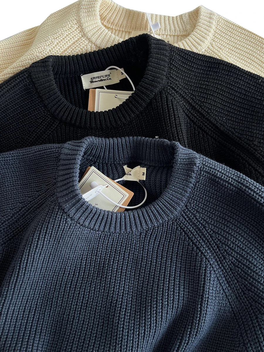 

Loose Fit Men's Knitted Cotton Sweater Thi Yarn Retro Sle Simple Design for Commuting Autumn Wear round Ne Long Sve