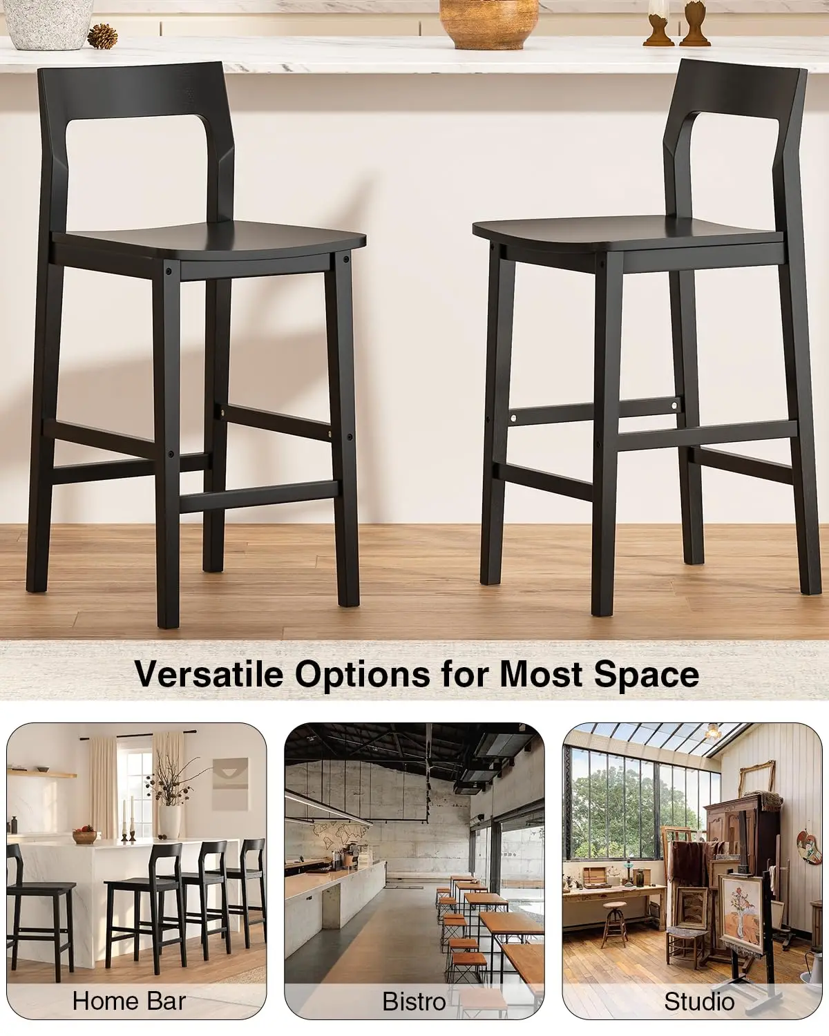 Modern Wood Barstools Set of 4, Counter Height Bar Stools Armless Farmhouse Wooden Bar Dining Chairs with Back & Footrest for Ki