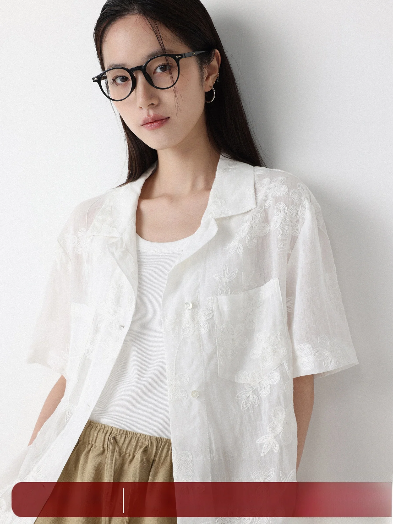 

Lowcalorie 'Flower Shadow Whisper' 100% Flax Short Sleeve Embroidered Shirt Cuban Collar Half Sleeve Women's Casual Style Loo...