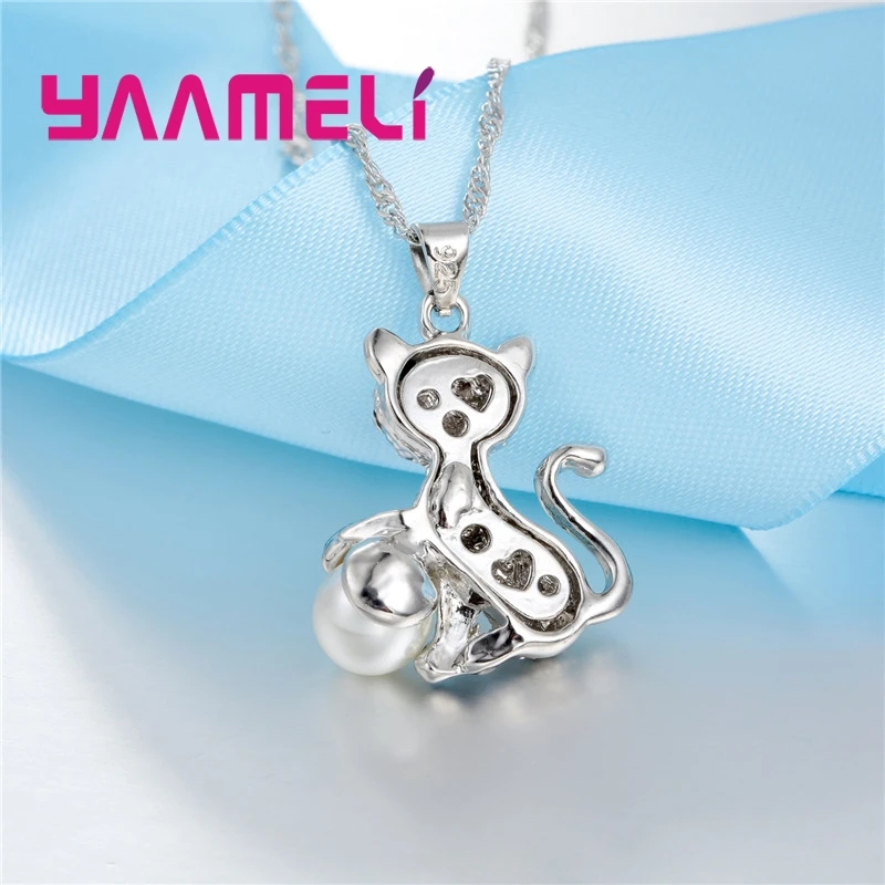 Fine Luxury CZ Stone Cat Design Pendant Necklace Earrings Party Gifts 925 Sterling Silver Austrian Crystal Jewelry Sets