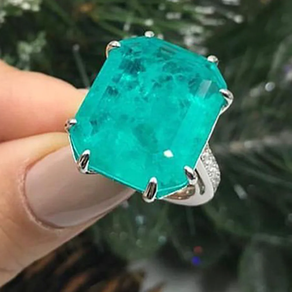 ARIGAYA 925 Sterling Silver Huge 16*20mm Rectangle Light Blue Created Paraiba Tourmaline Gemstone Rings Luxury Fine Jewelry