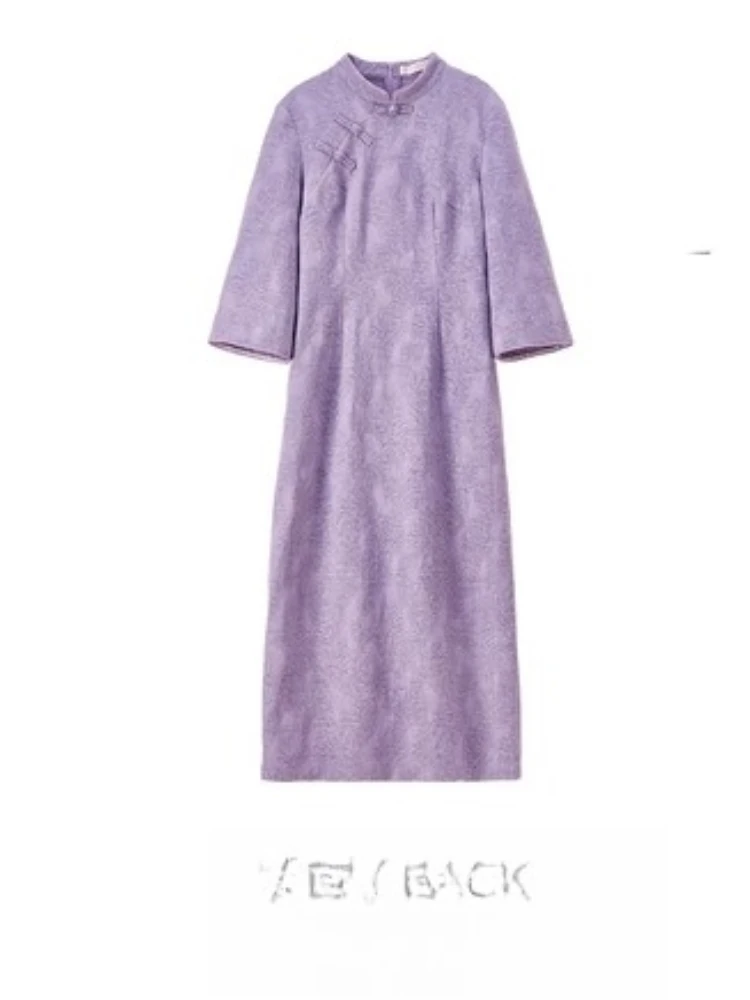 SENTUBILA Women's Elegant Stand Collar Dress 2025 Autumn New Chinese Style Frog Buttons Three Quarter Sleeve Dress Q53LI3773